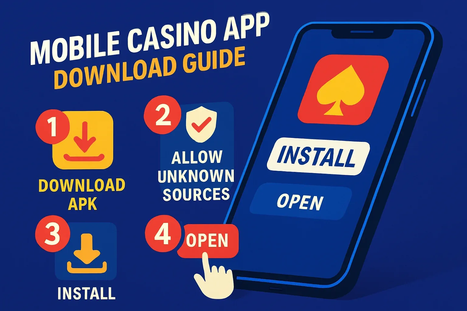Step-by-step infographic showing Android phone APK installation for casino app