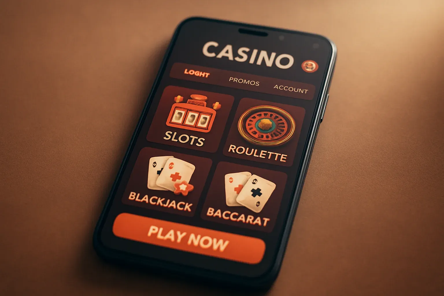 Android smartphone mockup showing casino mobile app lobby with vibrant UI
