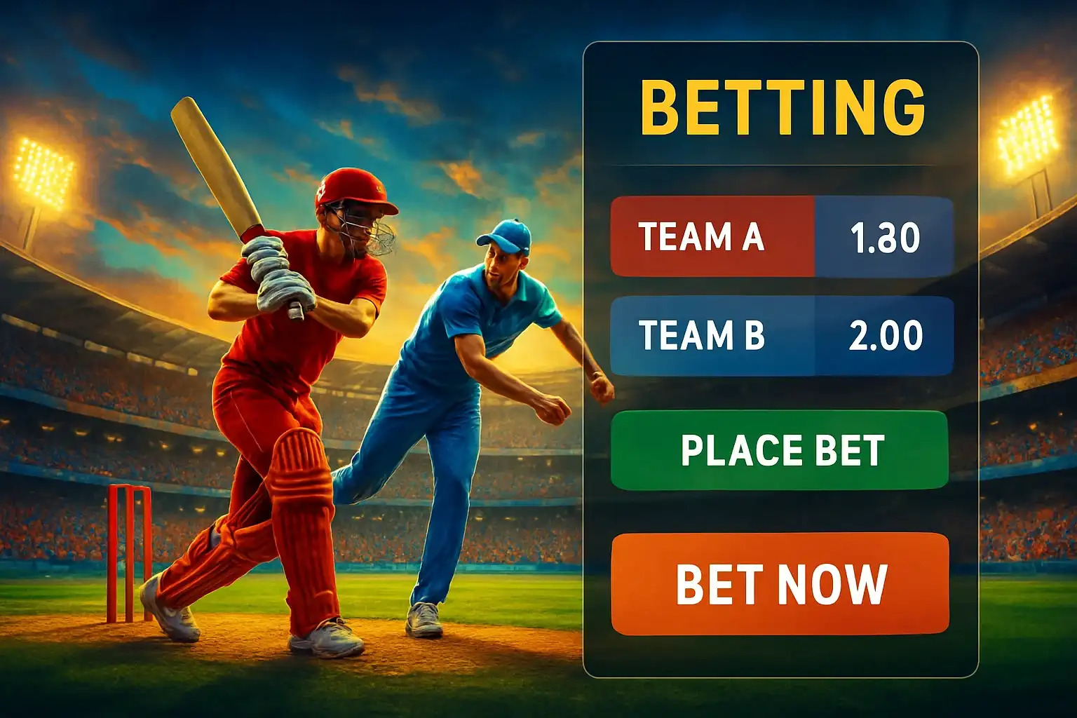Sports betting banner with cricket action, stadium crowd, and interface overlay