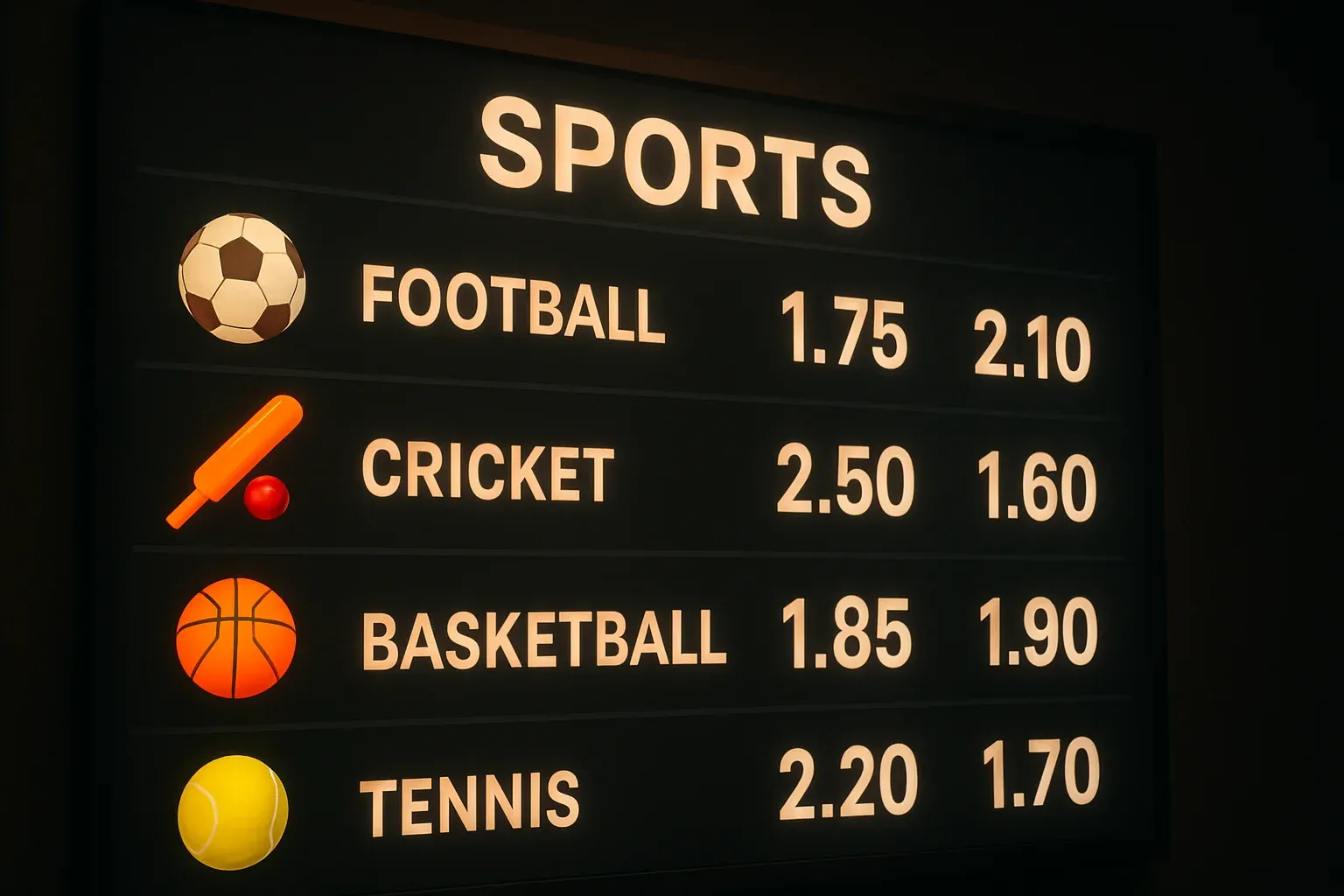Sports betting markets with football cricket basketball tennis icons and odds