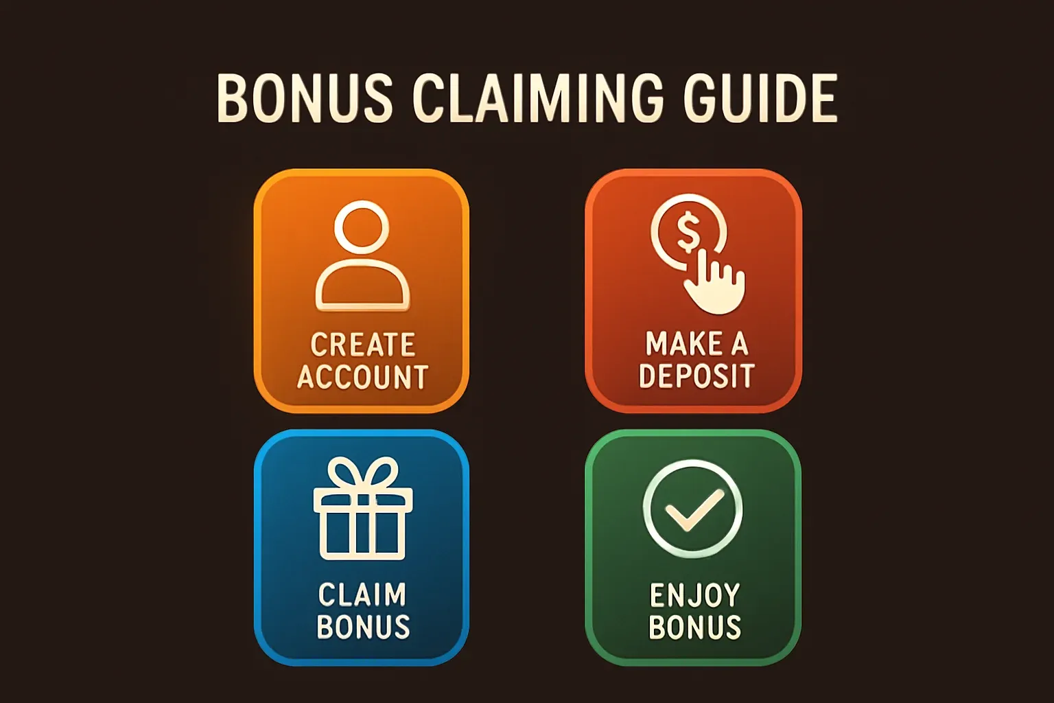 Modern infographic showing 4 numbered steps to claim bonuses on dark background