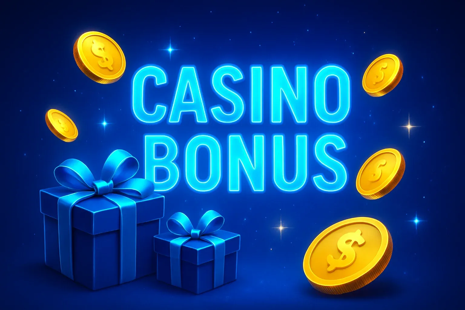 Casino bonus banner with golden coins, gift boxes, and sparkle effects