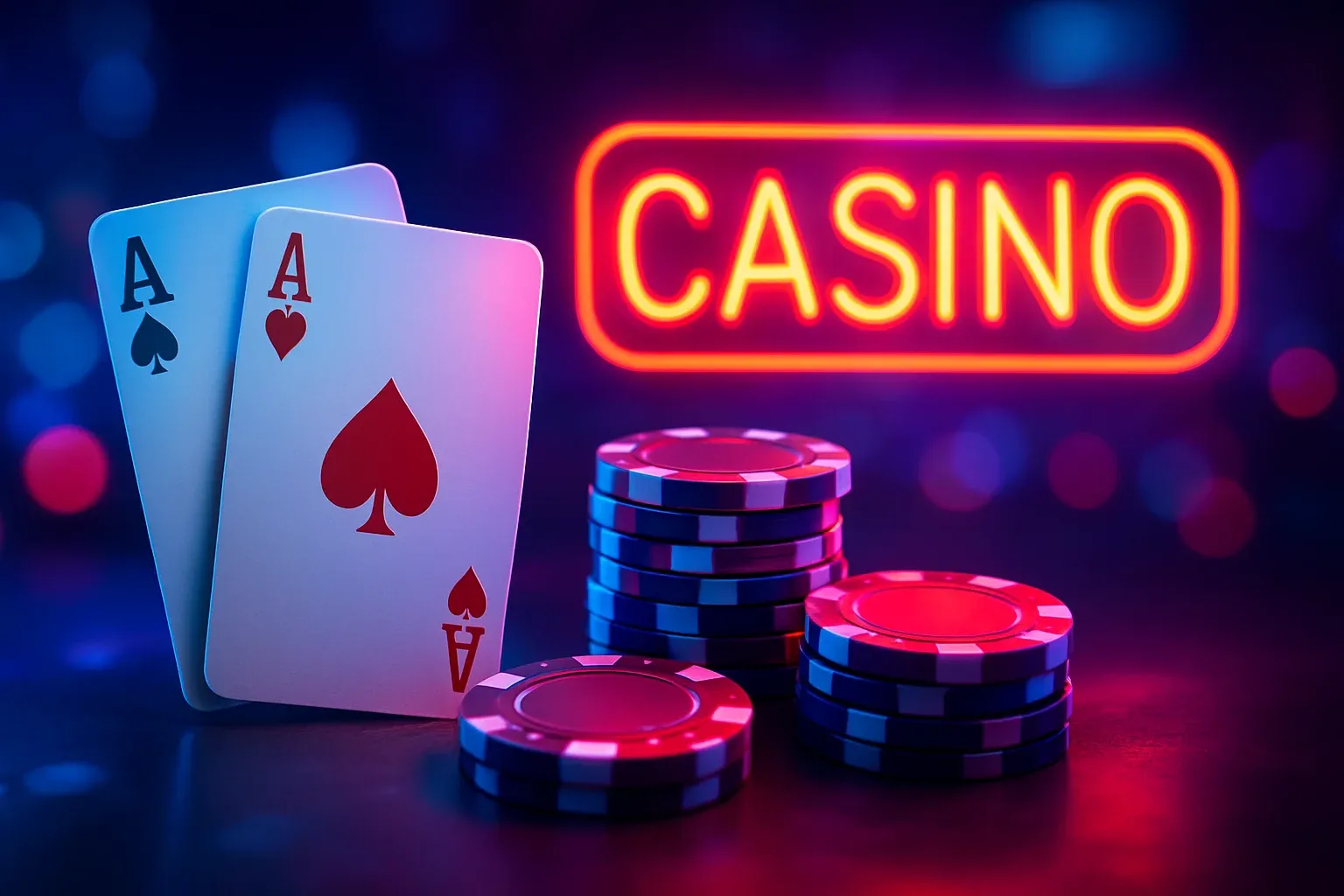 Luxury online casino hero banner with neon lights, chips and cards