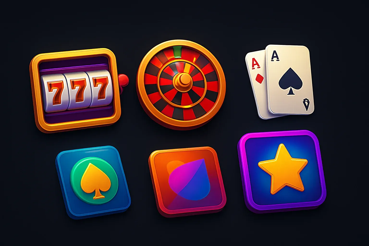 Popular casino game icons with slots, roulette, cards on dark background