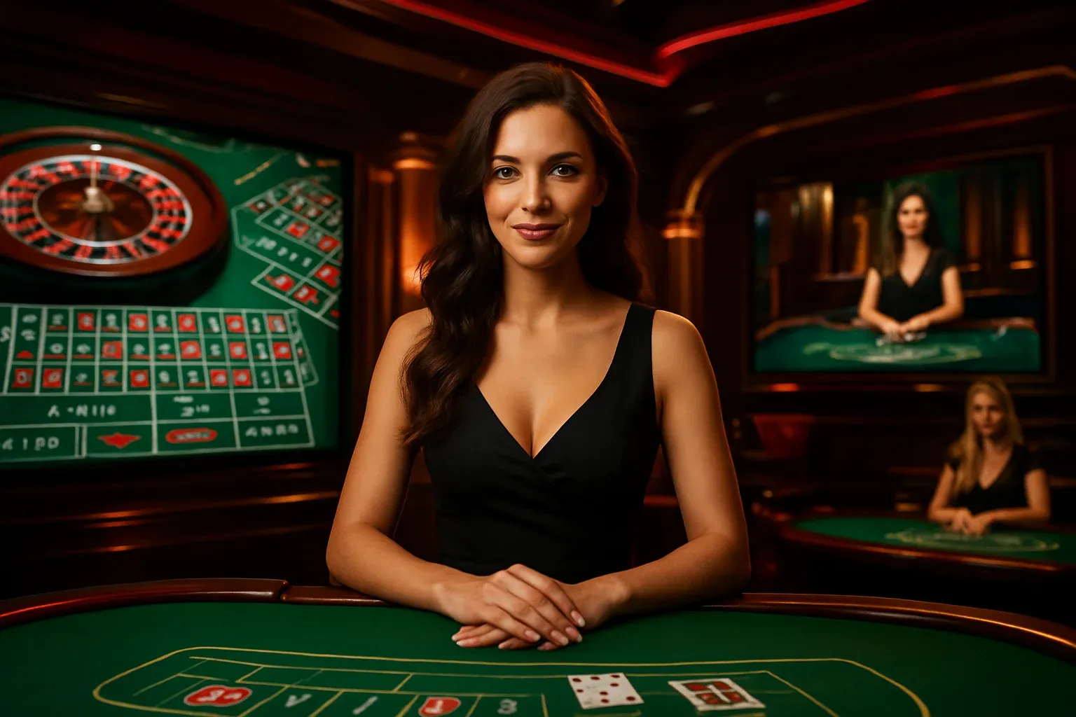 Elegant live casino studio with dealers and roulette blackjack screens