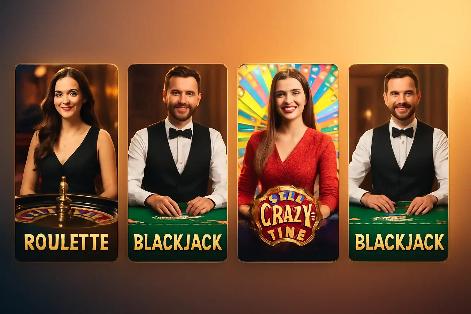 Colorful live casino game cards with roulette, blackjack, Crazy Time, and dealer
