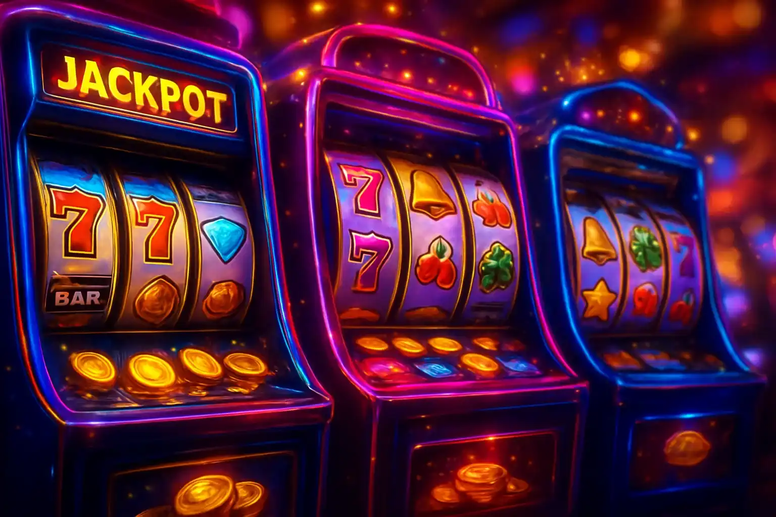 Colorful casino slot machines collage with reels, coins, diamonds, and lucky 7s