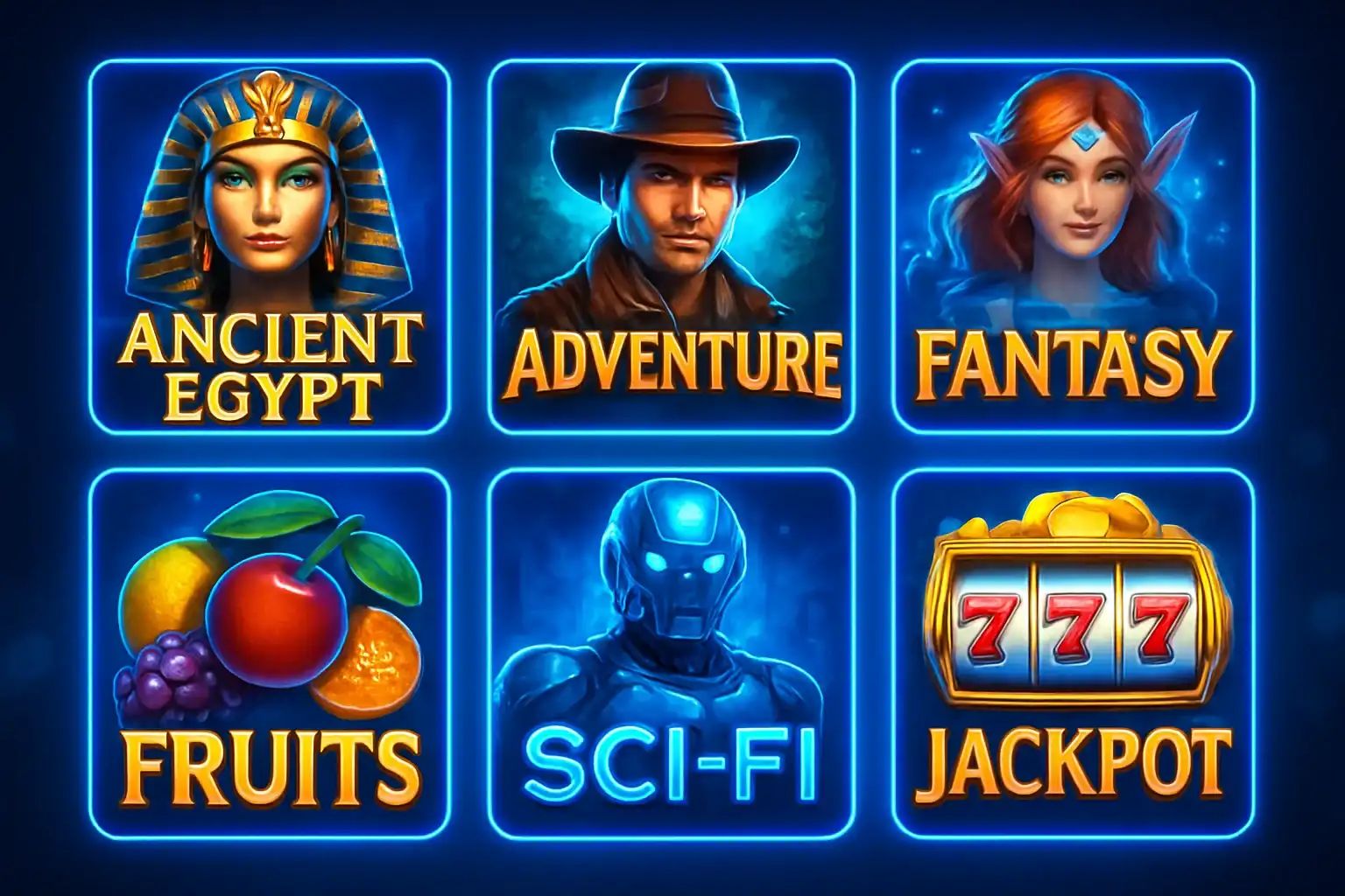 Grid of colorful slot game thumbnails with Egypt, fantasy, fruit, sci-fi themes